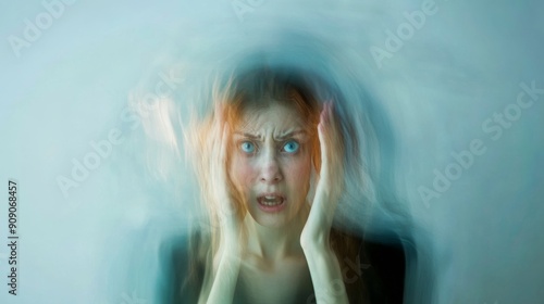 Trapped in Turmoil: A young woman's face contorted in anguish, her blue eyes wide with fear as if imprisoned by swirling smoke and shadows.  photo