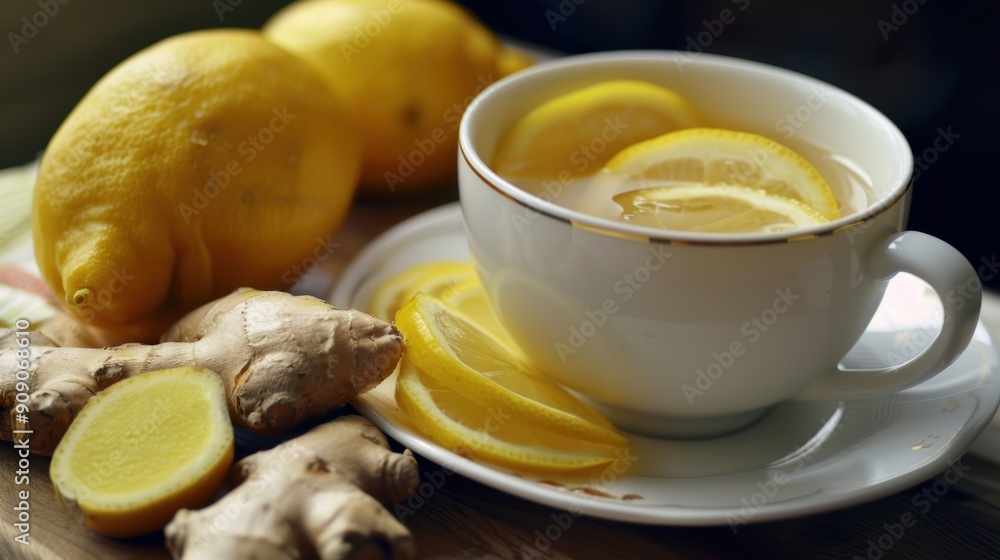 Steaming Hot Ginger Tea Infusion with Fresh Lemon and Sweet Honey - Soothing Herbal Beverage for Wellness Steaming Hot Ginger Tea Infusion with Fresh Lemon and Sweet Honey - Soothing Herbal Beverage for Wellness