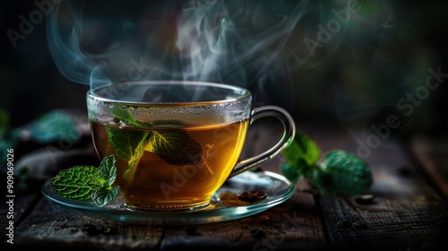 Refreshing Cup of Hot Green Tea Infused with Fresh Mint Leaves for a Soothing Moment of Relaxation and Wellness