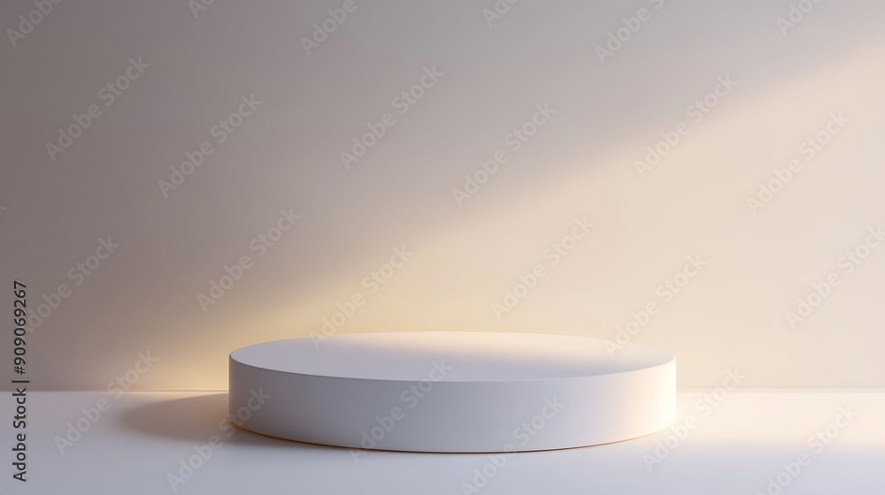 White cylindrical podium on minimalistic backdrop with soft lighting, product showcase concept White cylindrical podium on minimalistic backdrop with soft lighting, product showcase concept