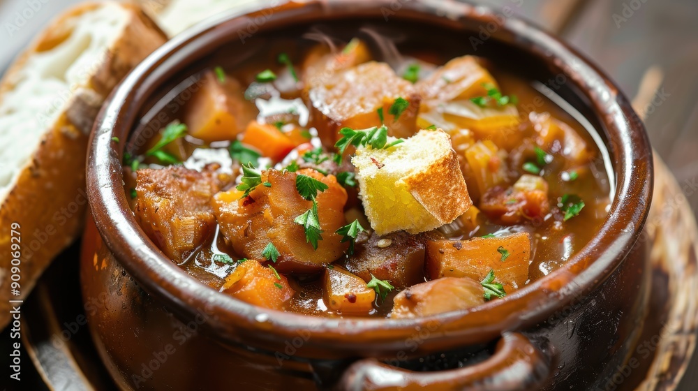 Nourishing Vegetable Stew Served with Crusty Bread - Comforting and Wholesome Meal Concept Nourishing Vegetable Stew Served with Crusty Bread - Comforting and Wholesome Meal Concept