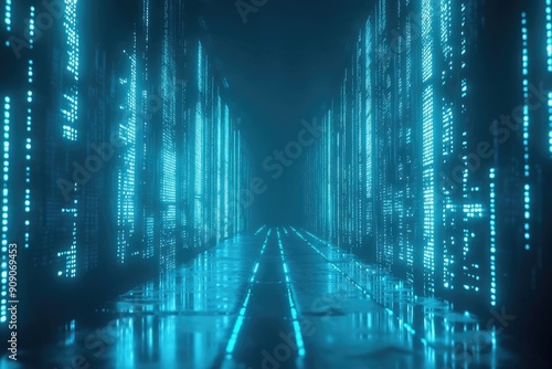 Glowing Blue Lines and Circles in a Dark Digital Cityscape