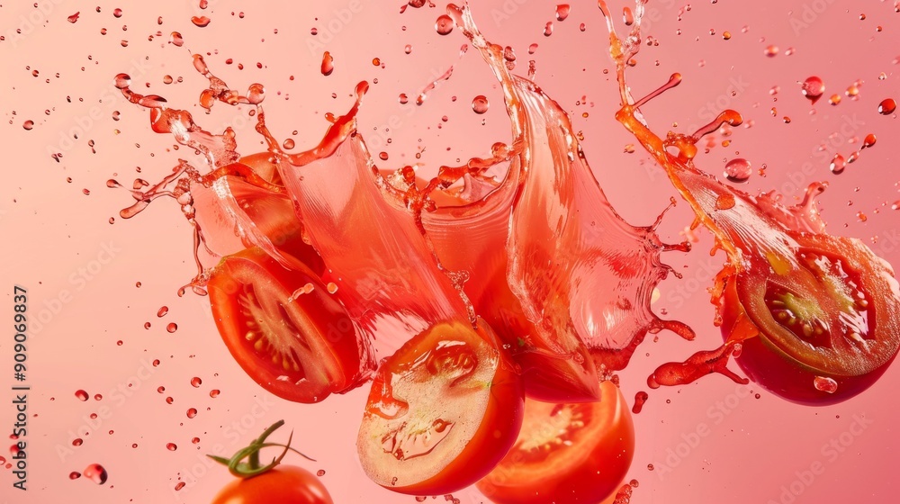 Sliced Tomatoes Splashing in Red Liquid on a Pink Background Sliced Tomatoes Splashing in Red Liquid on a Pink Background
