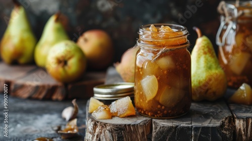 Delicious Homemade Pear Chutney in a Glass Jar Ready for Serving and Storage