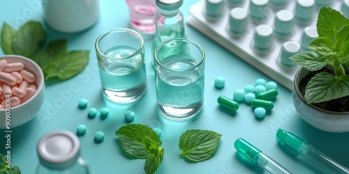 A flat lay of microbiology-themed items including glasses of liquid, mint leaves, capsules, and laboratory equipment on a mint green background photo