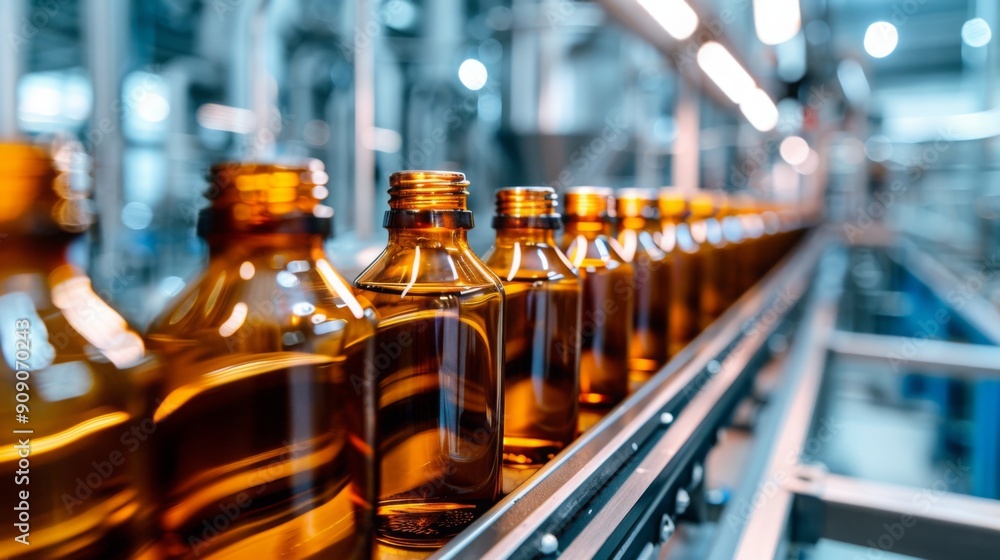 Symmetrical rows of brown glass short-neck bottles with pills on conveyor, pharmaceutical factory production line, industrial precision, close-up Symmetrical rows of brown glass short-neck bottles with pills on conveyor, pharmaceutical factory production line, industrial precision, close-up