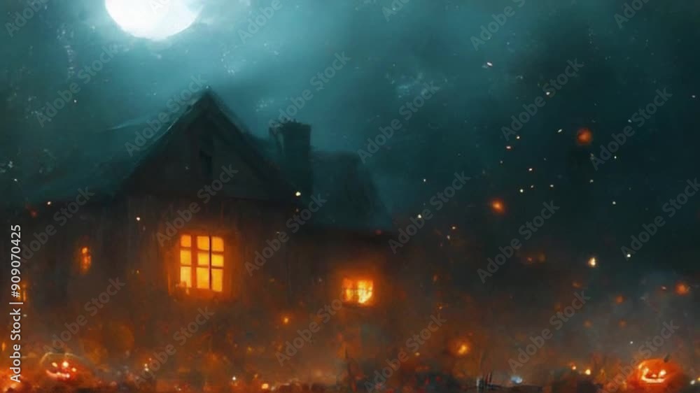 Spooky Halloween night with a haunted house, jack-o-lanterns, and a flying bat. Spooky Halloween night with a haunted house, jack-o-lanterns, and a flying bat.