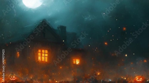 Wallpaper Mural Spooky Halloween night with a haunted house, jack-o-lanterns, and a flying bat. Torontodigital.ca