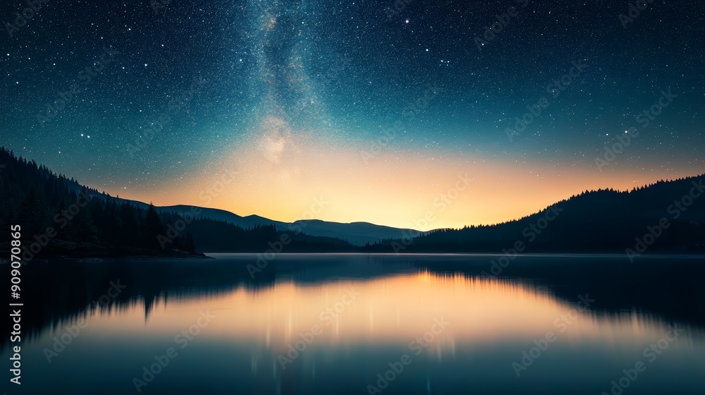 A serene lake reflecting the Milky Way at night with mountains in the background. The sky is filled with stars. A serene lake reflecting the Milky Way at night with mountains in the background. The sky is filled with stars.