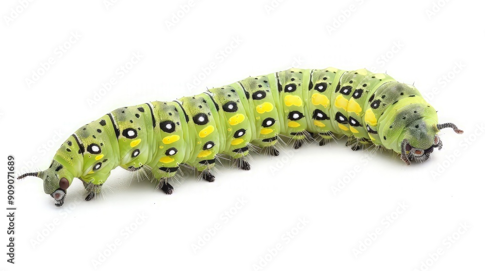 Fototapeta premium Green Caterpillar with Yellow Spots on a White Background