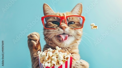 A cat wearing glasses and holding a box of popcorn photo