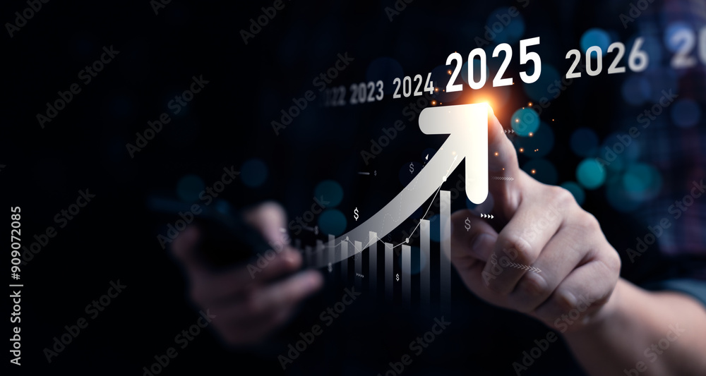 Business growing in 2025. Analytical businessman planning business growth 2025, strategy digital marketing, profit income, economy, stock market trends and business Business growing in 2025. Analytical businessman planning business growth 2025, strategy digital marketing, profit income, economy, stock market trends and business