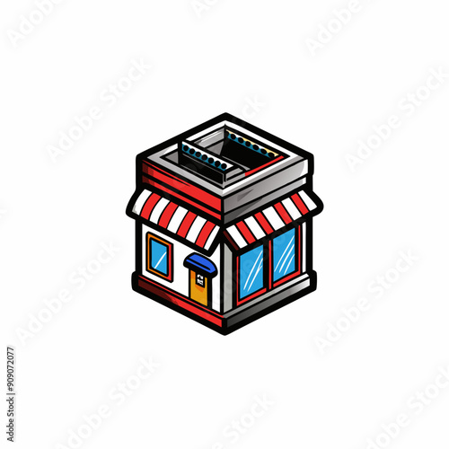 Isometric icon of a shop building, featuring 3D line art in a technical style.