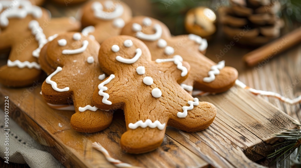 Fototapeta premium Festive Season Delights: Freshly Baked Gingerbread Cookies on Rustic Board