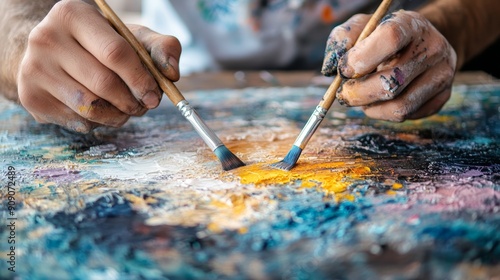 Close-up of artist's hands painting on canvas with brushes, showcasing the colorful and textured details of the artwork.