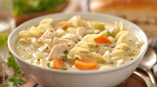 Comforting Bowl of Creamy Chicken Noodle Soup for Cozy Mealtime Delight