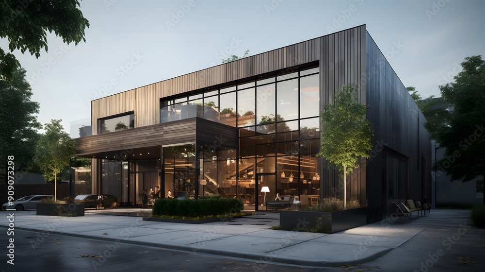 Modern Office Building with Glass Walls and Urban Landscaping Modern Office Building with Glass Walls and Urban Landscaping