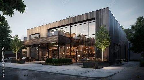 Modern Office Building with Glass Walls and Urban Landscaping