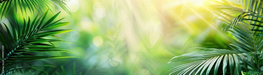 Obraz premium Lush green foliage illuminated by soft sunlight, creating a tranquil and refreshing atmosphere ideal for nature and relaxation themes.
