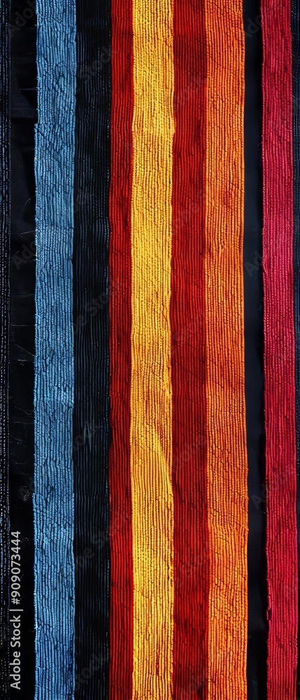 A colorful striped fabric with a blue stripe in the middle A colorful striped fabric with a blue stripe in the middle