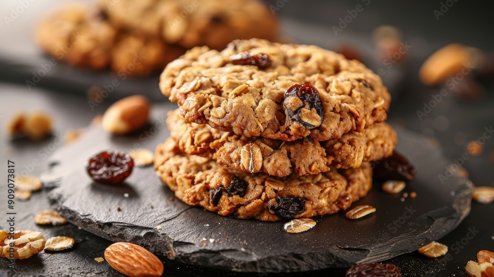 Delicious Homemade Oatmeal Cookies with Raisins and Nuts on Cooling Rack Delicious Homemade Oatmeal Cookies with Raisins and Nuts on Cooling Rack