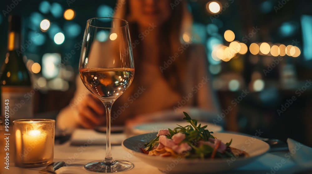 A woman dines on pasta and salad with wine in a cozy, dimly lit restaurant A woman dines on pasta and salad with wine in a cozy, dimly lit restaurant