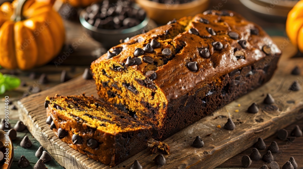 Homemade Delight: Pumpkin Chocolate Chip Bread on Rustic Board Homemade Delight: Pumpkin Chocolate Chip Bread on Rustic Board