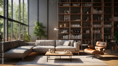 Spacious Home Office with Wooden Bookshelves and Large Windows