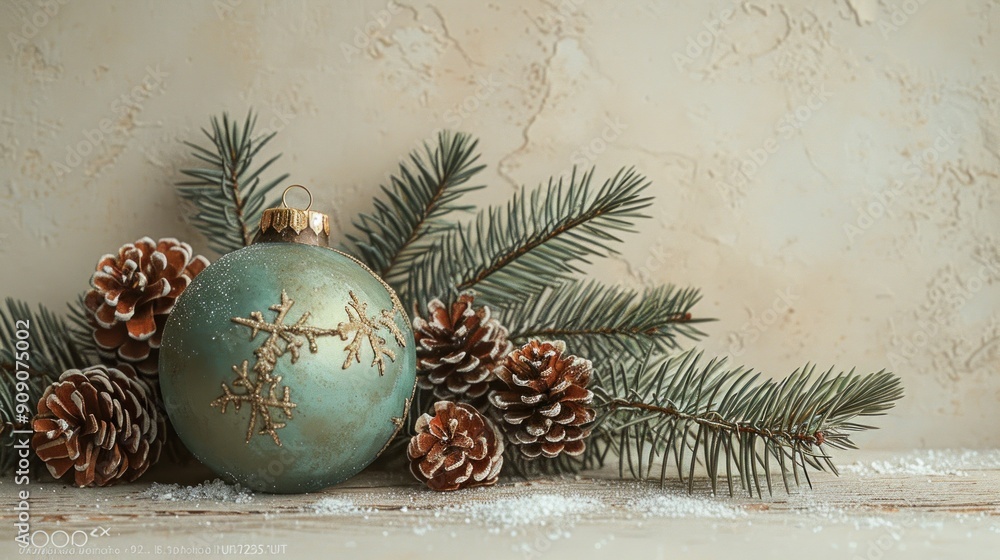 A festive ornament surrounded by pinecones and evergreen branches rests on a table A festive ornament surrounded by pinecones and evergreen branches rests on a table