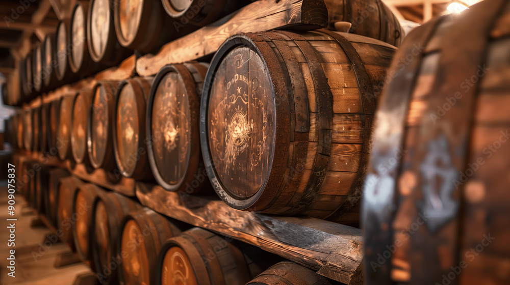 A detailed view of stacked beer barrels, showcasing the craftsmanship and tradition of beer brewing. Ideal for beer industry promotions, brewing culture, and traditional themes. A detailed view of stacked beer barrels, showcasing the craftsmanship and tradition of beer brewing. Ideal for beer industry promotions, brewing culture, and traditional themes.