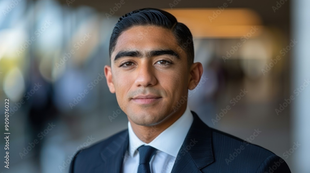 Young man exudes confidence in a tailored suit at a modern venue Young man exudes confidence in a tailored suit at a modern venue