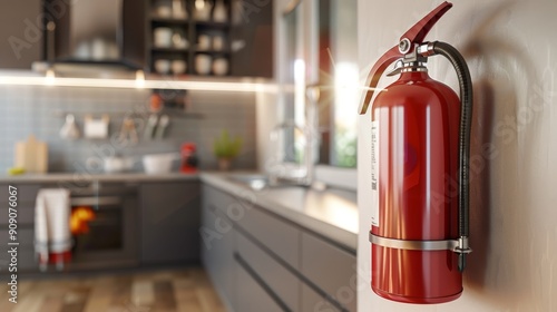 Realistic kitchen background with a fire extinguisher mounted on the wall for safety photo