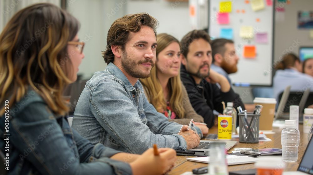 Group of young professionals having a meeting in an office setting, collaborating and discussing ideas. Group of young professionals having a meeting in an office setting, collaborating and discussing ideas.