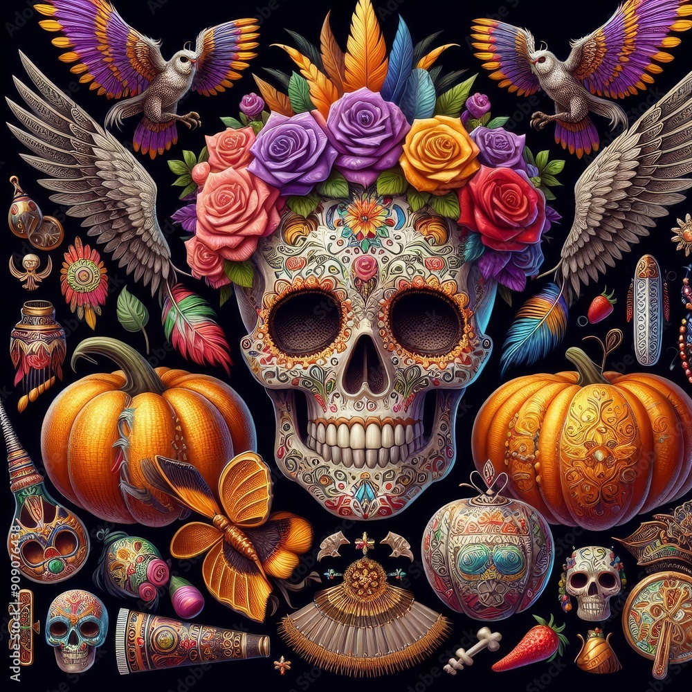 Dia de Muertos attributes detailed in photo realistic style
Dia de Muertos attributes detailed in photo realistic style