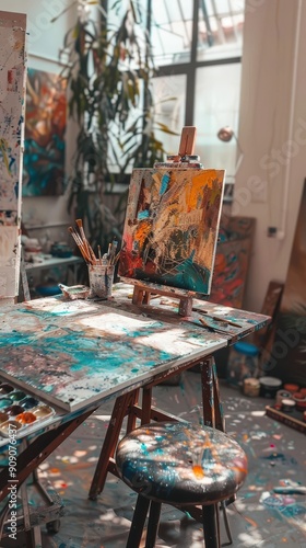 A vibrant art studio bustling with easels, brushes, and splashes of paint, capturing the essence of creativity and inspiration in the workspace