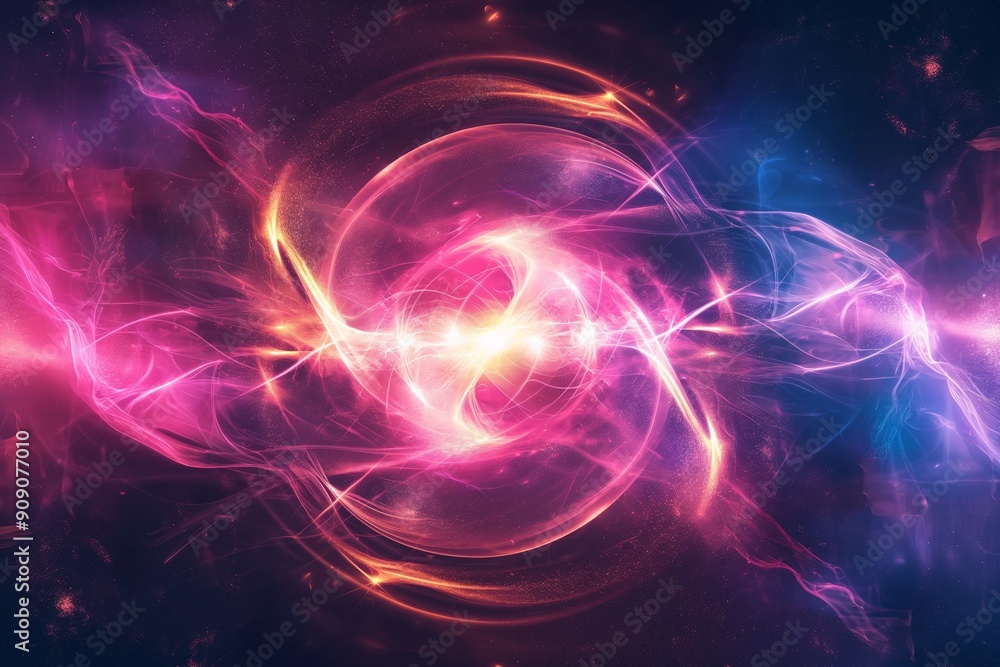 An abstract representation of an energy core with luminous pink and blue tendrils radiating from a bright central point. An abstract representation of an energy core with luminous pink and blue tendrils radiating from a bright central point.