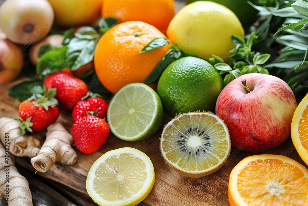 A dynamic display of fresh fruits and slices including citrus, berries, and apples, arranged on a rustic wooden surface. A dynamic display of fresh fruits and slices including citrus, berries, and apples, arranged on a rustic wooden surface.