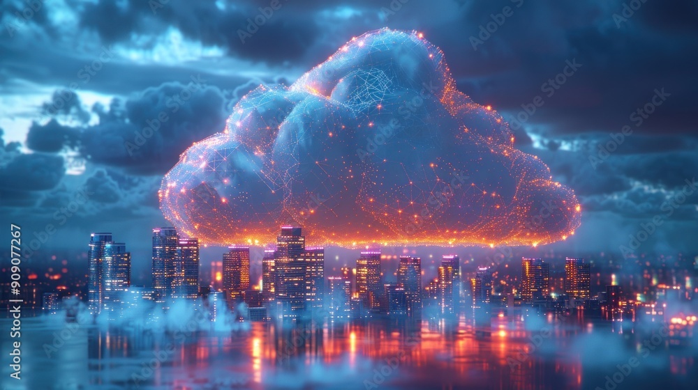 Obraz premium Towering cloud glows fiercely above the vibrant skyline at twilight