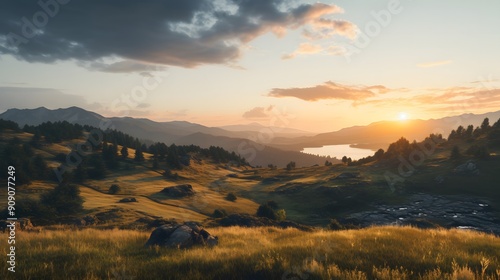 Scenic Sunset Over Rolling Hills and Distant Mountains