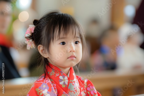 A little girl wearing traditional attire sits quietly, looking away with a composed and thoughtful expression in a serene indoor setting. photo