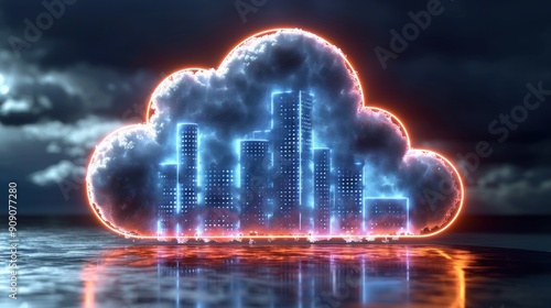 A luminous city rises from a vibrant cloud over calm waters at twilight