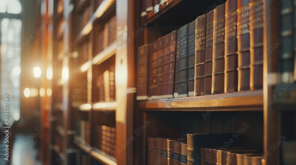 Old hardback law books in rows on wooden library bookshelves with shallow depth of field Old hardback law books in rows on wooden library bookshelves with shallow depth of field