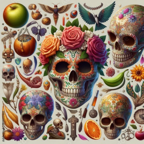 Dia de Muertos attributes detailed in photo realistic style
 photo