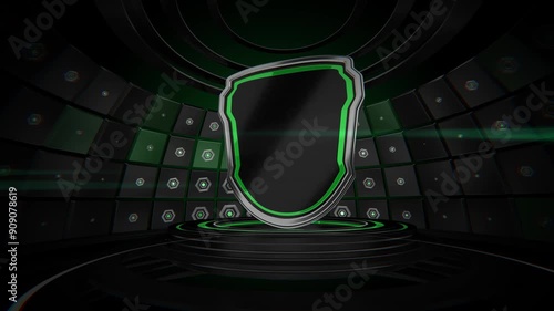 Green sport metal shield logo reveal intro blank 3d scene animation