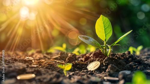 Young Plant Growing in Soil with Sunlight and Coins Symbolizing Financial Growth and Environmental Sustainability