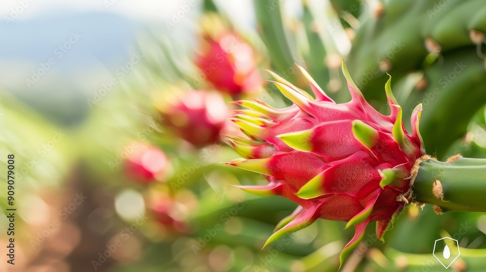 Dragon fruit cactus, bright fruit contrasting with green Dragon fruit cactus, bright fruit contrasting with green