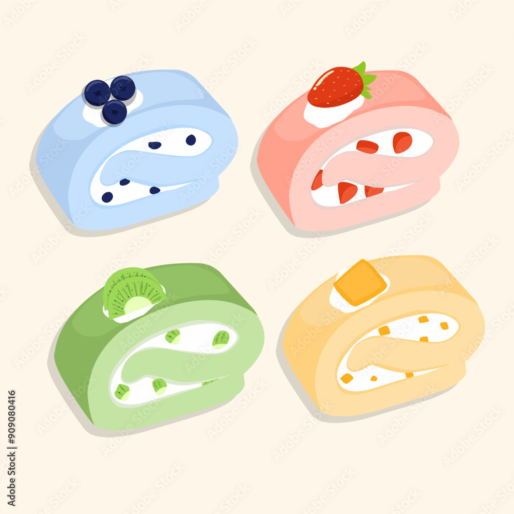 Set of roll cake dessert with various fruit flavor vector illustration clipart Set of roll cake dessert with various fruit flavor vector illustration clipart