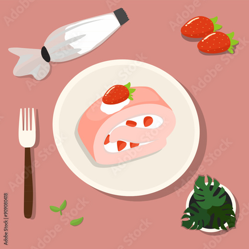 Strawberry flavor of roll cake dessert on the plate vector illustration 