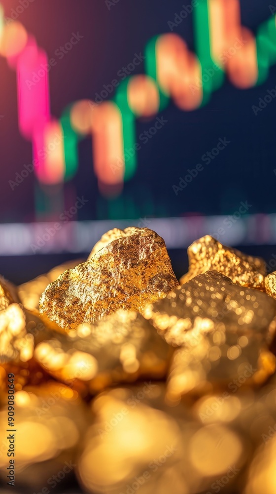 Glittering gold nuggets with a financial chart in the background, gold price increase, Glittering gold nuggets with a financial chart in the background, gold price increase,