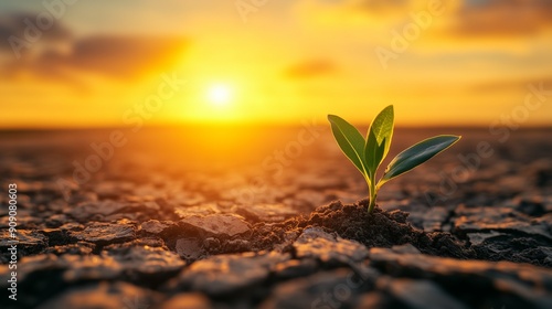 A small green plant sprouting from cracked earth